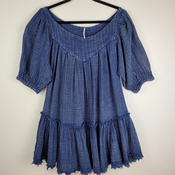 Free People Dresses & Skirts - Free People Dress Size S Blue Cotton Gauze Tiered Puff Sleeve Lagen  Boho